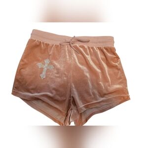 SHEIN Velour Lounge Shorts M Rose Pink Rhinestone Cross Drawstring Waist